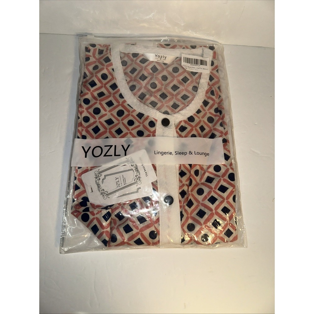 Yozly 3673 Robe House Dress Women  Sz M Pink White Blue Cotton Poly Snap Close